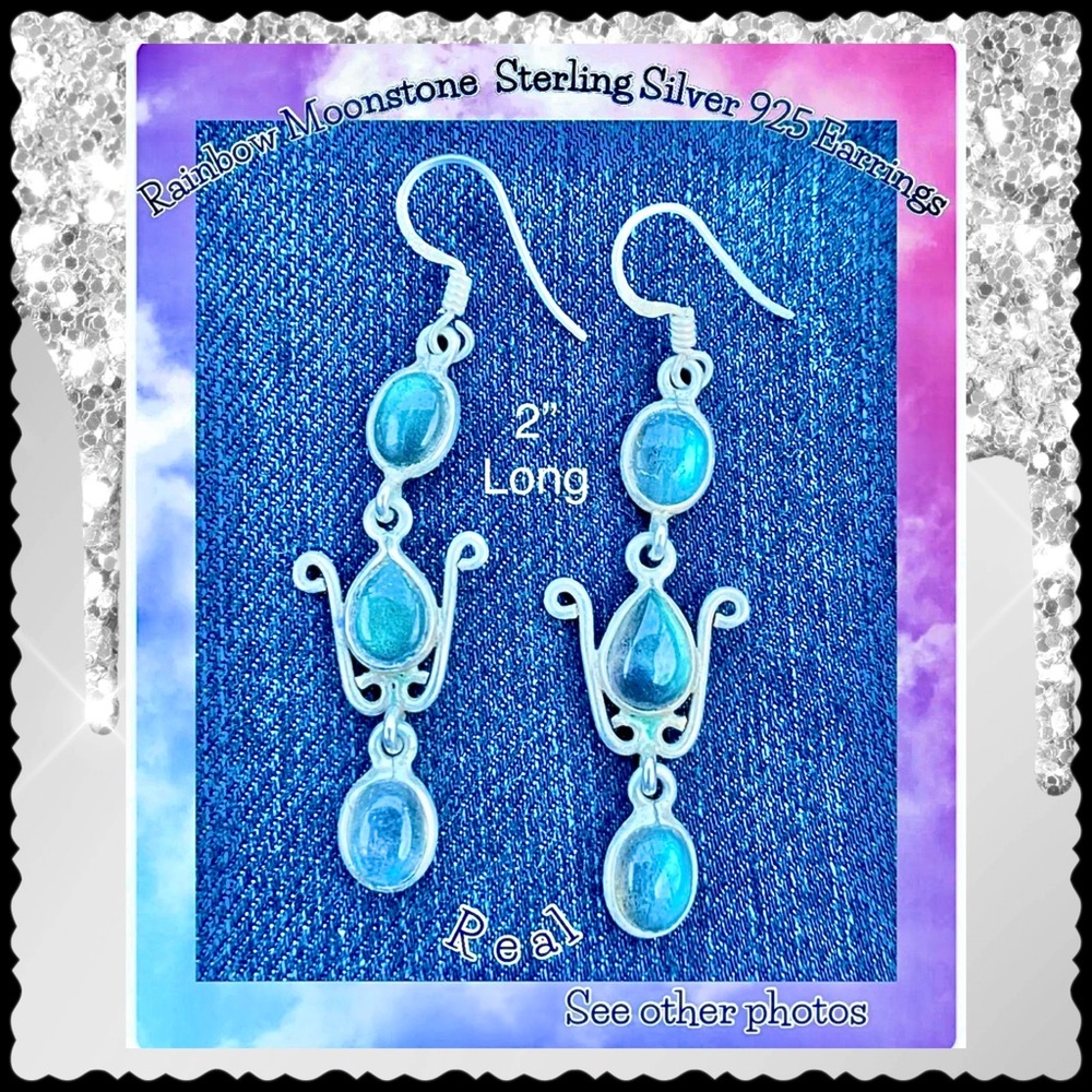 Real sterling silver 925 real rainbow moonstone earrings
